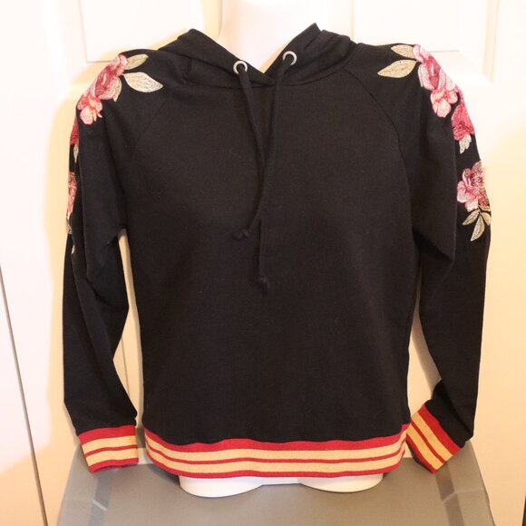 True Craft Black Hoodie Floral Sleeve Applique Red/Gold Ribbed Waist Wrist Small - Picture 1 of 12